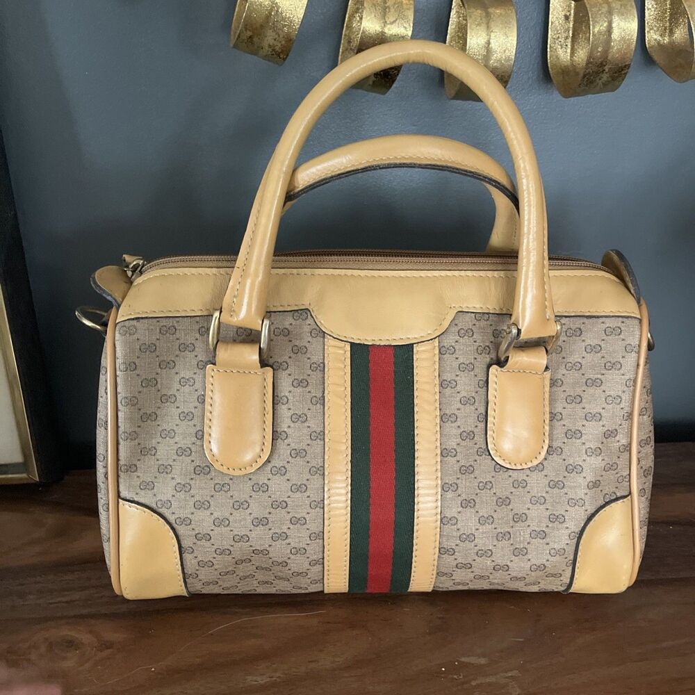 GUCCI Micro GG Sherry Line  Shoulder Bag Brown PVC & Leather Vintage Rare Tan - Picture 5 of 15